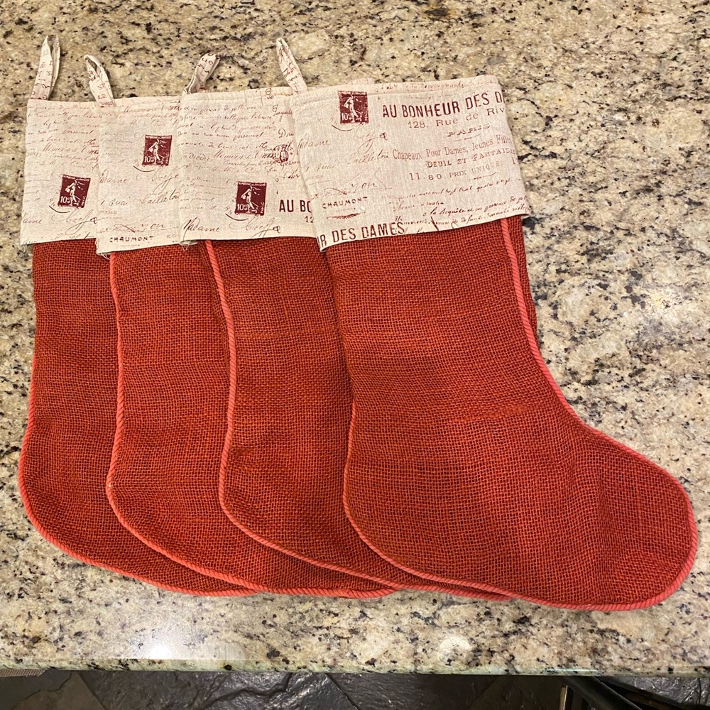 4 large red burlap stockings lap Christmas stockings